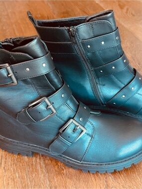 SO Black Vegan Leather Ankle Biker Booties with Buckles
